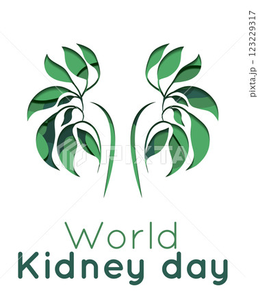 World Kidney Day vertical banner. Paper cut postcard with kidneys made of foliage with text. Health awareness. World Kidney Day vertical banner. Paper cut postcard with kidneys made of foliage with text. Health awareness. 123229317