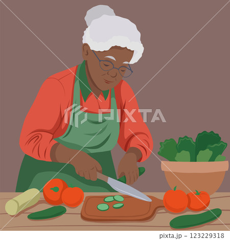 African grandma cutting salad. Vector flat illustration of Black old woman cooking. Retirement hobby. African grandma cutting salad. Vector flat illustration of Black old woman cooking. Retirement hobby. 123229318