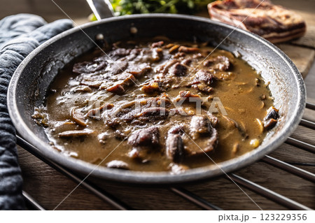 Roasted Pork Neck with Mushroom Sauce in a Ceramic Pan Roasted Pork Neck with Mushroom Sauce in a Ceramic Pan 123229356