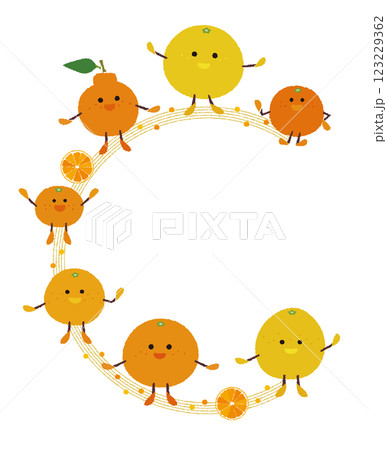 柑橘キャラクター7種類が勢揃い_ちぎり絵_ビタミンCのイメージフレーム 123229362