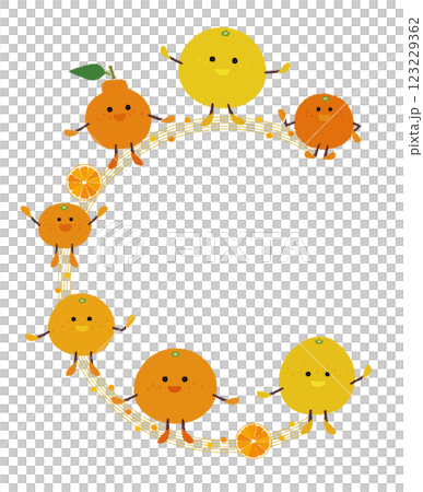 柑橘キャラクター7種類が勢揃い_ちぎり絵_ビタミンCのイメージフレーム 123229362