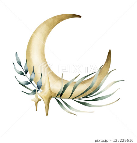 Crescent Moon with palm leaves and sprakles. Watercolor hand drawn illustration isolated on white background arrangement for Ramadan Kareem design, Eid Al Fitr, Eid Al Adha, greeting card, invitation 123229616