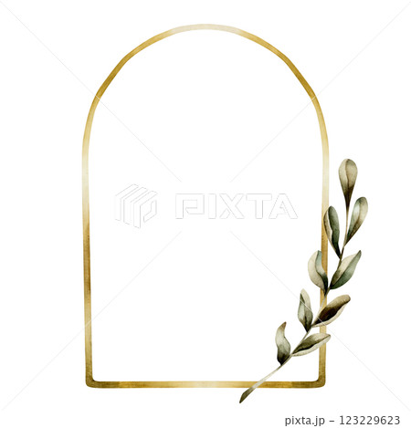 Muslim golden frame with data palm leaves. Islamic window or door arch, Mosque gate shape. Watercolor hand drawn isolated illustration for Ramadan Kareem design, Mubarak Eid Al Fitr, Adha, Mawlid card 123229623