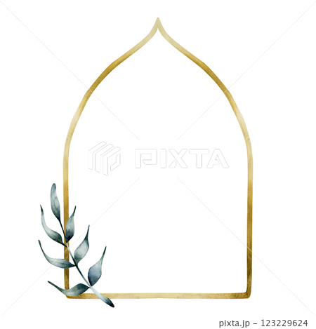 Muslim golden frame with data palm leaves. Islamic window or door arch, Mosque gate shape. Watercolor hand drawn isolated illustration for Ramadan Kareem design, Mubarak Eid Al Fitr, Adha, Mawlid card 123229624