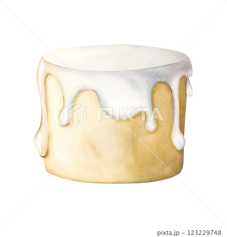 Cake with white icing, confectionery glazed dessert. Watercolor hand painted isolated food illustration for wedding or birthday design, kitchen table textile, crockery, cute confectionery, logo, label Cake with white icing, confectionery glazed dessert. Watercolor hand painted isolated food illustration for wedding or birthday design, kitchen table textile, crockery, cute confectionery, logo, label 123229748