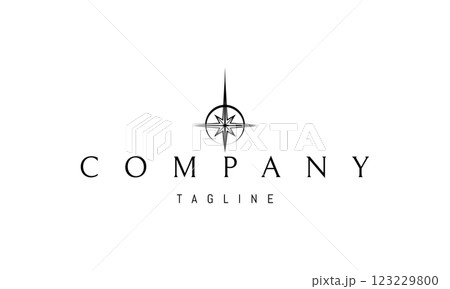 Vector logo with an abstract image of a shining star against the background of the sun. 123229800