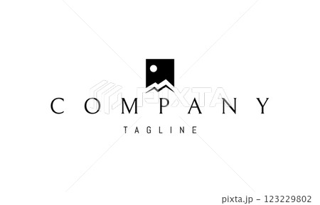 Vector logo with an abstract image of mountains against the backdrop of the sun. 123229802