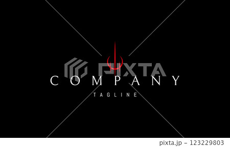 Vector red logo with an abstract image of a sword made of rays of light against the background of the moon. 123229803