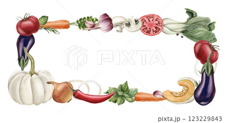 Fresh vegetables and seasonings frame. Watercolor hand painted isolated food illustration cookbook, kitchen table textile, condiment package, delicious fabric, recipe book, card, logo, label, utensils 123229843