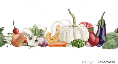 Fresh vegetables and seasonings seamless border. Watercolor hand painted isolated food illustration cookbook, kitchen table textile, condiment package, delicious fabric, recipe book, card, label Fresh vegetables and seasonings seamless border. Watercolor hand painted isolated food illustration cookbook, kitchen table textile, condiment package, delicious fabric, recipe book, card, label 123229848
