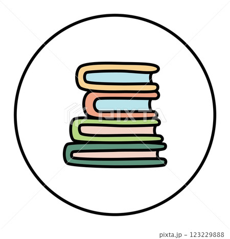 Doodle pile of books icon hand drawn with thin line, minimalistic style colored 123229888