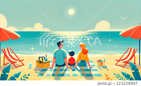 夏の海で夏を過ごす家族のイラスト 123229997