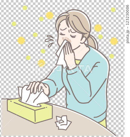 花粉症で鼻水が止まらず、鼻をかむ女性のイラスト 123230086