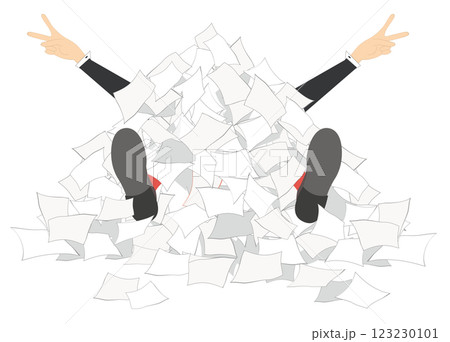 Bureaucracy will never die.  File clerk under huge pile of papers showing victory gesture 123230101