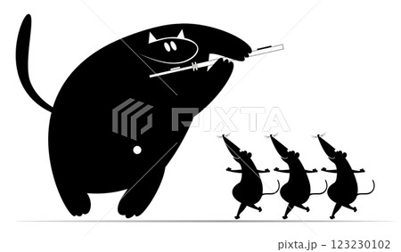 Sly cat playing flute and dancing rats. Sly cat playing flute to cute dancing rats or mouse. Black and white illustration Sly cat playing flute and dancing rats. Sly cat playing flute to cute dancing rats or mouse. Black and white illustration 123230102