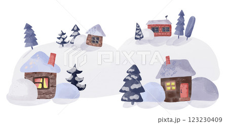 Hand-drawn digital illustration of a winter banner with snow-covered trees, pines, firs, and cozy houses. Soft watercolor textures create a festive, serene feel. Perfect for holiday designs, 123230409