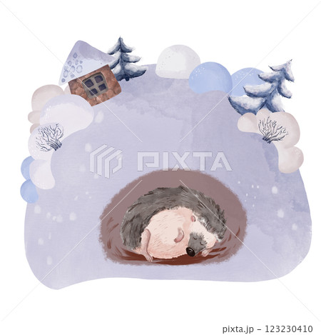 Hand-drawn illustration of a sleeping hedgehog in a childlike style with watercolor textures. A cozy, peaceful design, perfect for children's books, nature-themed projects, or whimsical designs 123230410