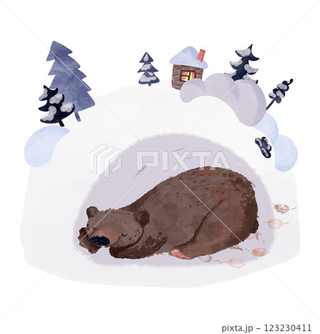 Hand-drawn illustration of a sleeping bear in a childlike style with watercolor textures. A cozy, peaceful design, perfect for children's books, nature-themed projects, or whimsical designs Hand-drawn illustration of a sleeping bear in a childlike style with watercolor textures. A cozy, peaceful design, perfect for children's books, nature-themed projects, or whimsical designs 123230411