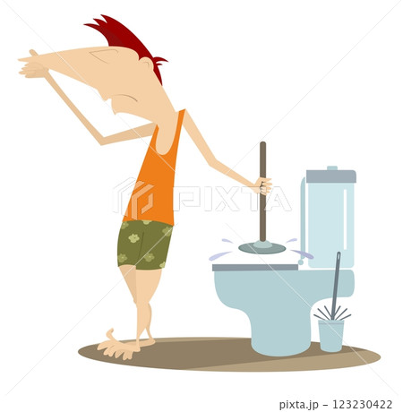 A man clears a clogged toilet boul. A young man with a plunger in his hand tries to clear a blockage in a toilet and plugs his nose to avoid smelling the unpleasant smell. Isolated on white background 123230422