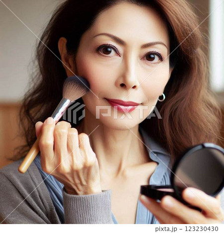 少し濃いめの化粧をする中年女性 123230430