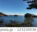 穏やかな海に浮く小島 123230536