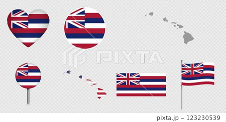 Hawaii State Flags and Maps Icon Pack. Vector illustration. Hawaii State Flags and Maps Icon Pack. Vector illustration. 123230539