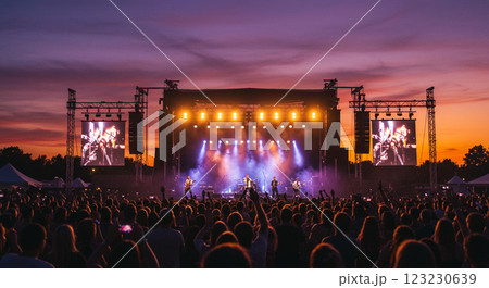 夕闇に染まる野外音楽フェスのライブシーン 夕闇に染まる野外音楽フェスのライブシーン 123230639