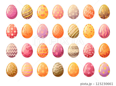 Easter eggs. Cartoon spring holiday painted eggs, Happy Easter colorful decorative eggs flat vector illustration set. Traditional painted eggs on white background 123230661