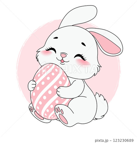 Adorable cartoon rabbit holding a decorated Easter egg. Happy Easter bunny. Perfect for printing on children's clothes or greeting cards. Vector illustration on a transparent background. PNG 123230689