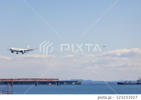 多摩川河口付近からの羽田空港、着陸する飛行機 多摩川河口付近からの羽田空港、着陸する飛行機 123231027