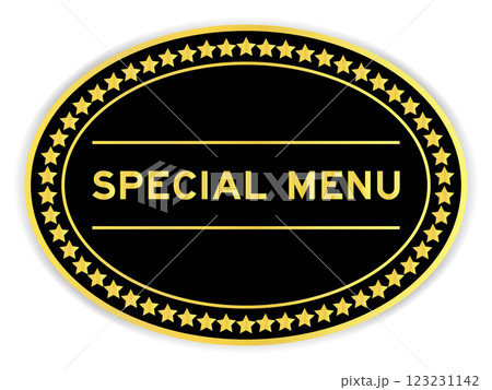 Black and gold color oval label sticker with word special menu on white background 123231142