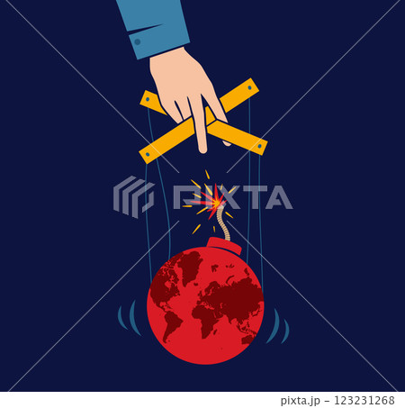 Vector vintage poster with hand controls Earth like a puppet. World control. World like bomb. 123231268