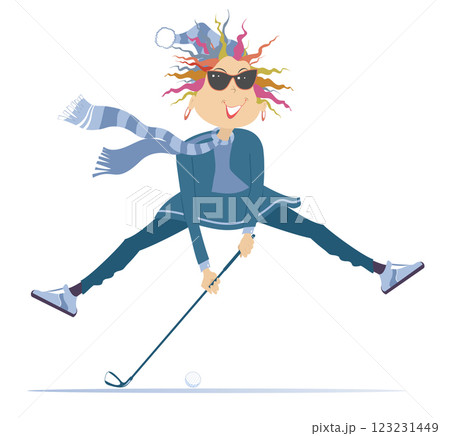 Cold weather. Golfer woman on the golf course. Rainy and windy day. Golf course. Cheerful golfer young woman aiming to do a good shot	 123231449