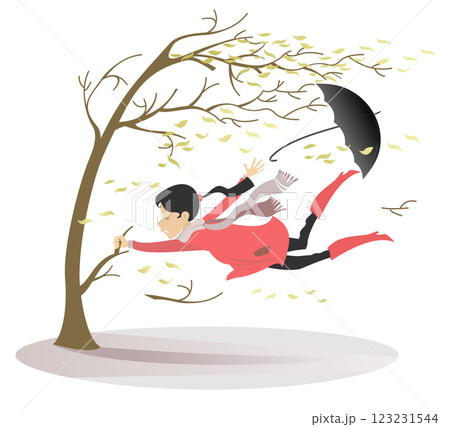 Bad weather. Hurricane. Frightened woman grabbing a tree branch. Strong wind bends tree and tears off the leaves. Frightened young woman grabbing a tree and lost umbrella 123231544