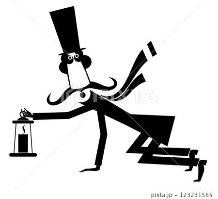 Cartoon man in the top hat holding an old lantern. Cute long mustache man in the top hat staying on the knees with vintage lit lantern. Black and white illustration 123231585