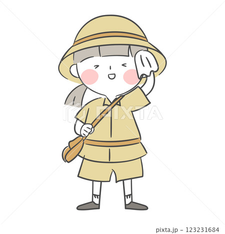 Illustration of an explorer wiping sweat with a handkerchief 123231684