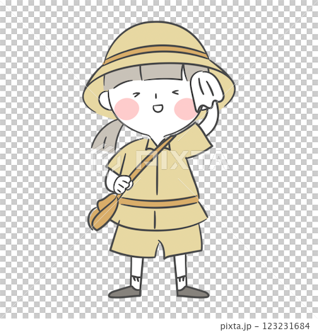 Illustration of an explorer wiping sweat with a handkerchief 123231684