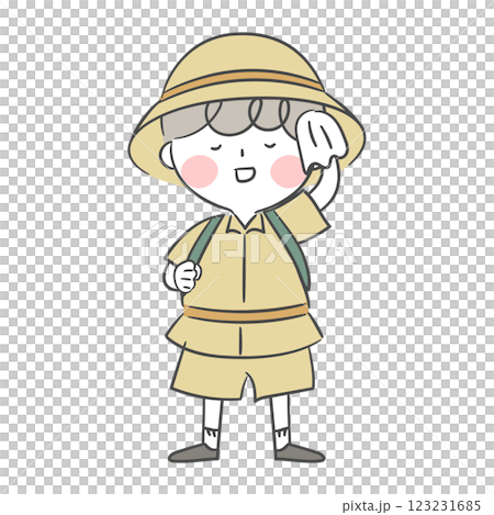 Illustration of an explorer wiping sweat with a handkerchief 123231685
