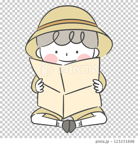 Illustration of an explorer character looking at a map 123231686