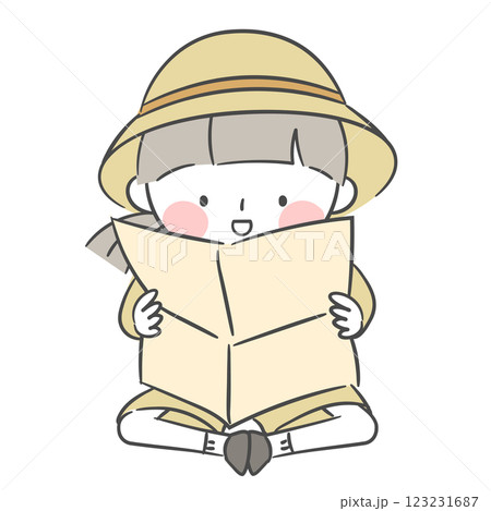 Illustration of an explorer character looking at a map 123231687