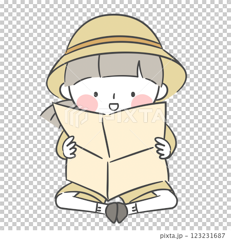 Illustration of an explorer character looking at a map 123231687