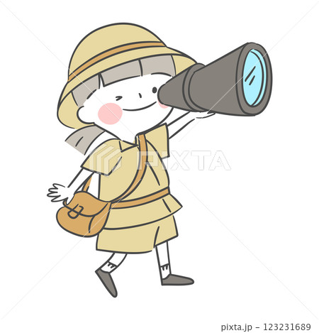 Illustration of an explorer looking through a telescope 123231689