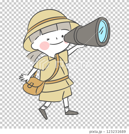 Illustration of an explorer looking through a telescope 123231689