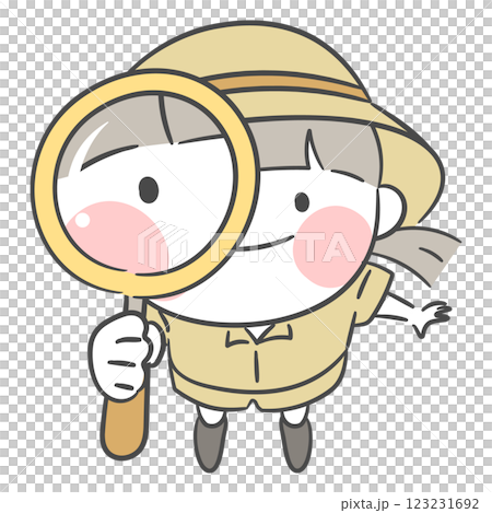 Illustration of an explorer examining something through a magnifying glass Illustration of an explorer examining something through a magnifying glass 123231692