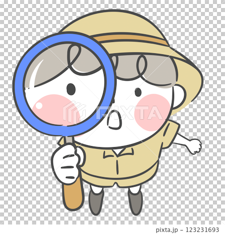 Illustration of an explorer examining something through a magnifying glass 123231693