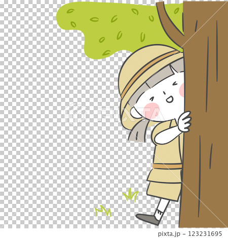 Illustration of an explorer hiding behind a tree 123231695