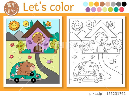 Capybara coloring page for children with scene, animal driving a car to the house. Vector capibara outline illustration. Book for kid with colored example. Drawing printable worksheet 123231761
