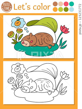 Capybara coloring page for children with cute animal sleeping on water lily pad. Vector capibara outline illustration. Color book for kids with colored example. Drawing skills printable worksheet Capybara coloring page for children with cute animal sleeping on water lily pad. Vector capibara outline illustration. Color book for kids with colored example. Drawing skills printable worksheet 123231772