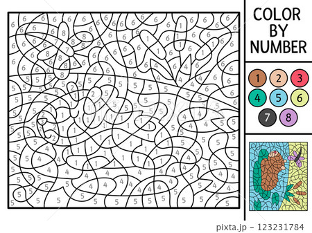 Vector capybara color by number activity with animal swimming on water lily pad in pond. Nature landscape scene. Black and white counting game. Coloring page for kids with cute capybara 123231784