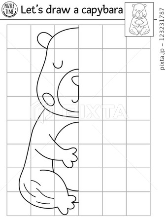Complete the capybara. Vector capibara symmetrical drawing practice worksheet. Printable black and white activity for kids. Copy the picture coloring page with cute meditating animal Complete the capybara. Vector capibara symmetrical drawing practice worksheet. Printable black and white activity for kids. Copy the picture coloring page with cute meditating animal 123231787